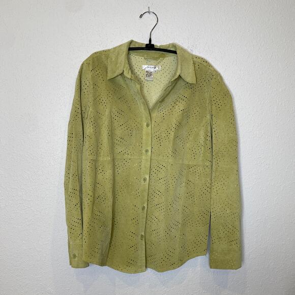 Co & Eddy Tops - Co & Eddy Light Green Suede Eyelet Button Down Collared Shirt Sz 6 Leather